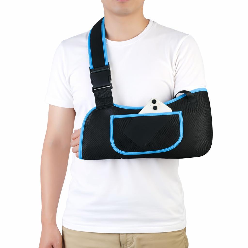 Arm Sling, Lightweight & Breathable Medical Sling with Adjustable Shoulder Strap, Shoulder Mesh Immobilizer Slings for Elbow Injury/Torn Rotator Cuff/Wrist Injury/Surgery, Right or Left, Women or Men (Blue), Size: L (Adult)