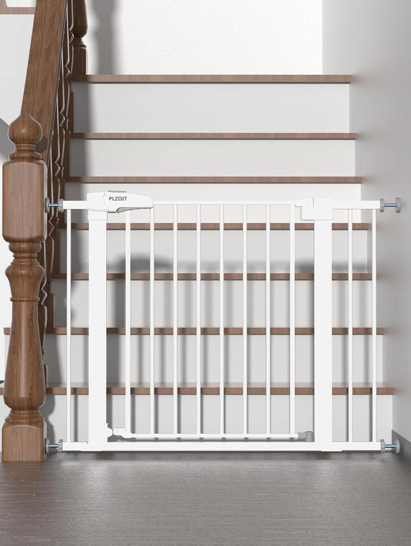 Baby Gate for Stairs, 29.5-40.5" Dog Gate for Doorways, Walk Thru Auto Close Metal Child Gate for The House, Stairs and Doorways, Pressure Mounted Pet Gate for Dog Indoor (White)