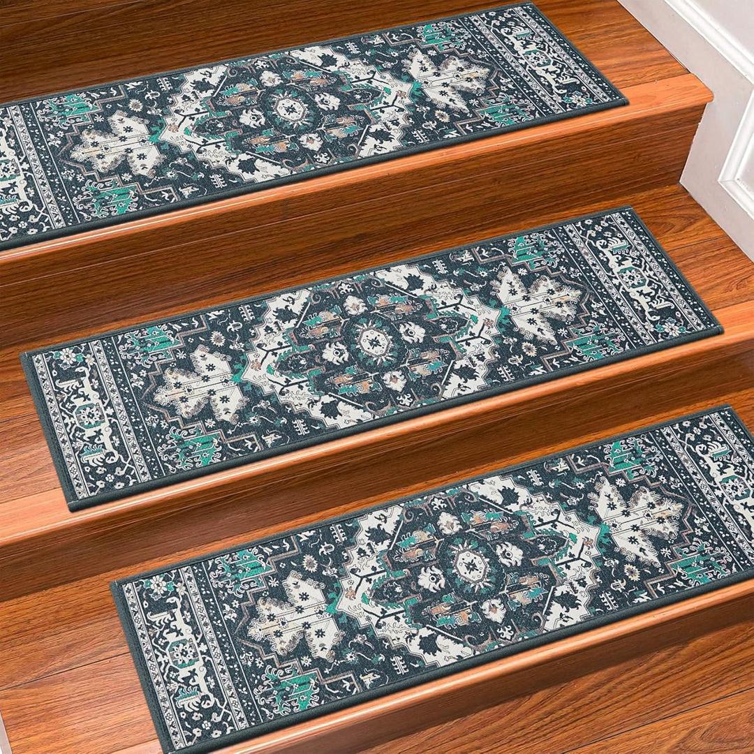 Stair Treads for Wooden Steps Indoor, 15 Pack 8" X 30" Non Slip Carpet Stair Treads with Reusable Adhesive for Kids Elders and Dogs, TPR Backing Stair Rugs Oriental Staircase Step Treads,Bohemia