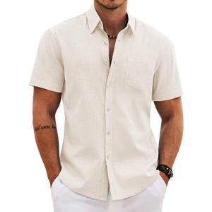 COOFANDY Men's Button Down Short Sleeve Shirt Casual Cotton Summer Beach Wedding Linen Shirts with Pocket, L