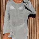 Saodimallsu Womens Sheer Swimsuit Coverup Top Bell Long Sleeve Mesh Ribbed Boat Neck Side Slit Beach Vacation Outfits (Green)