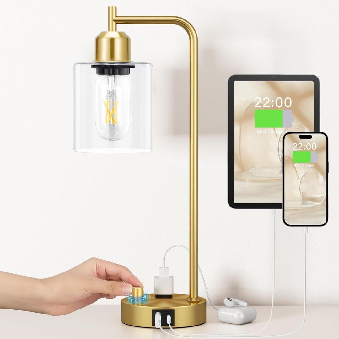 Innqoo Gold Table Lamp for Bedroom - Industrial Bedside Lamp with USB Port and Outlet, Fully Dimmable Nightstand Lamp with Clear Glass Shade, Small Desk Lamps for Home Office