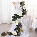 Jutom 6.6 FT Green Artificial Magnolia Garland Decorations Wedding Arch Garland White Magnolia Flower and Leaf for Outdoor or Indoor Wedding, Mantle, Table, Fireplaces Holiday Party Decorations