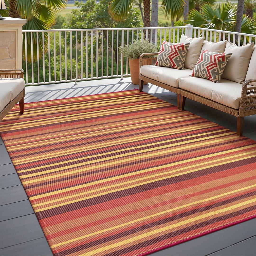 Outdoor Plastic Straw Rug Waterproof Patio 6x9 Red Orange Stripe Mat for Porch Camping RV Balcony Deck Courtyard Reversible Lightweight Durable Portable Carpet