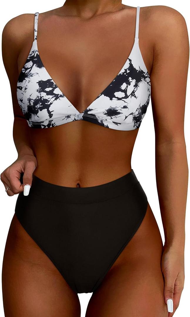 SUUKSESS Women High Waisted High Cut Bikini Sets Sexy Triangle Two Piece Swimsuits Push Up Bathing Suits (Black White Tie Dye, S)