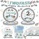 122PCS Two Fast Birthday Party Supplies for Kids Boys 2nd Birthday Party Decor Two Fast Two Curious Racing Car Bday Tableware Set Plates Napkin Cups Forks Knives Banner Tablecloth Serves 20 Guests