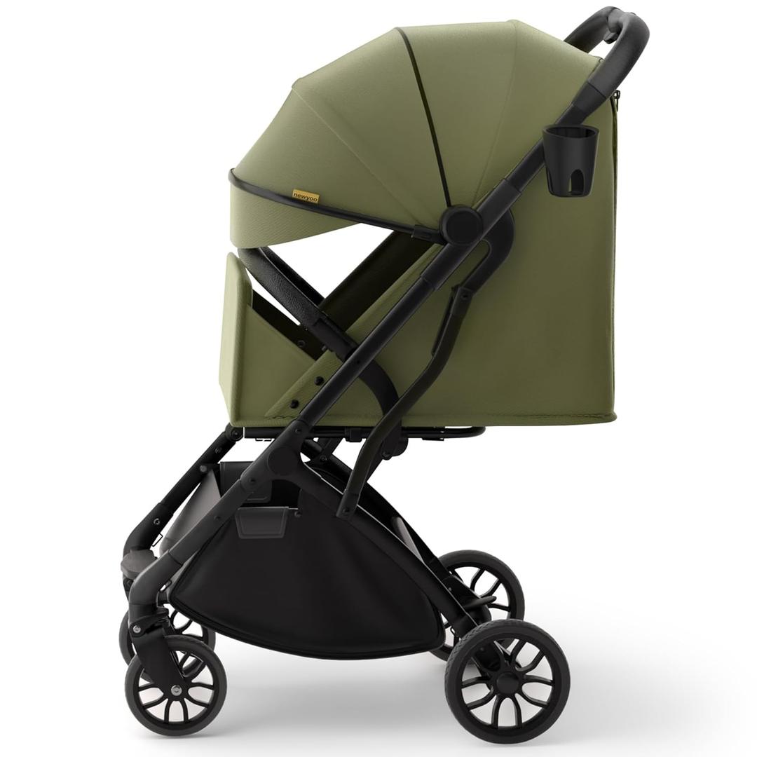 newyoo GlideTow TR18M Compact Travel Stroller for Infant, Lightweight Foldable Baby Stroller with Luggage Handle & Cup Holder, One-Hand Easy Fold, Near Lay Flat Recline Seat, Green