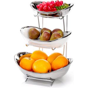 Goaste 3 Tier Ceramic Fruit Bowl, Oval Tiered Serving Bowl Set, Porcelain Fruit Basket with Metal Stand, Large Detachable Fruit Storage Holder Rack for Kitchen Counter, Vegetable, Cake, Dessert, Salad