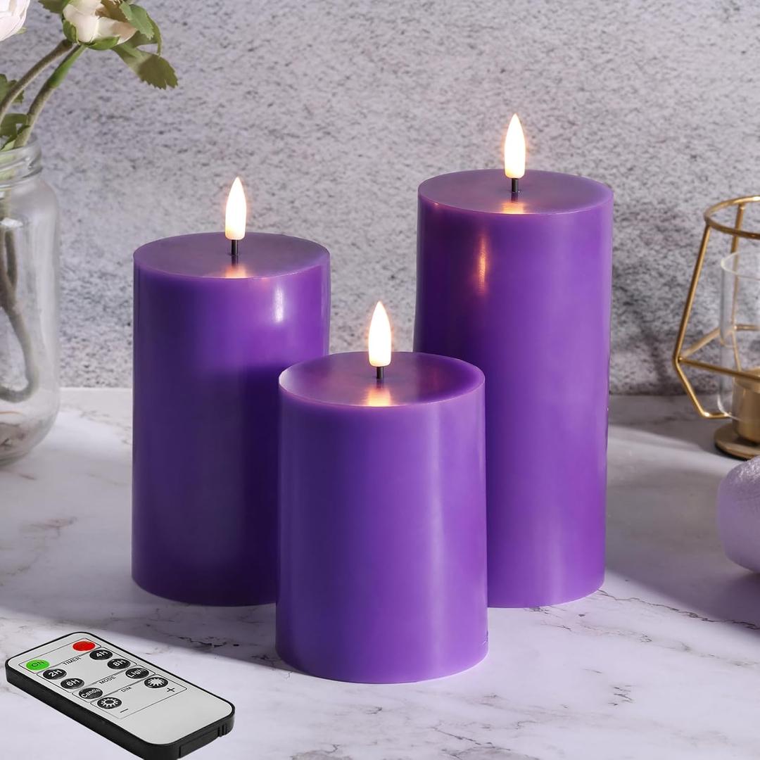 Purple Flameless Pillar Candles with Remote Set of 3