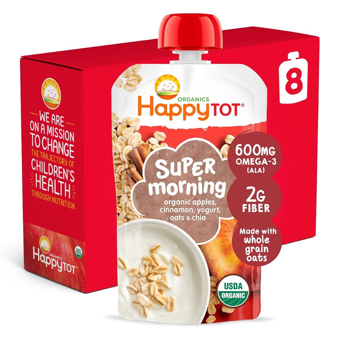 HAPPYTOT Organics Stage 4 Baby Food Pouches, Gluten Free, Super Morning Fruit & Oat Blend, Apple, Cinnamon, Yogurt, Oats & Chia, 4 Oz (Pack of 8) (EXP 02/08/27)