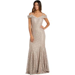 R&M Richards Women's Glitter Lace Cold Shoulder Mermaid Gown - Long Stretch Floral Empire Waist Evening Dress (10)