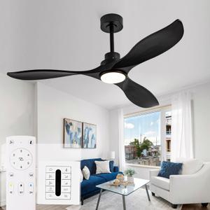 52 Inch Solid Wood Ceiling Fans with Lights and Remote, 3 Blade Black Outdoor Ceiling Fan with Wall Control, Dimmable, 6 Speeds, Noiseless DC Motor for Bedroom/Patios/Farmhouse/Living Room