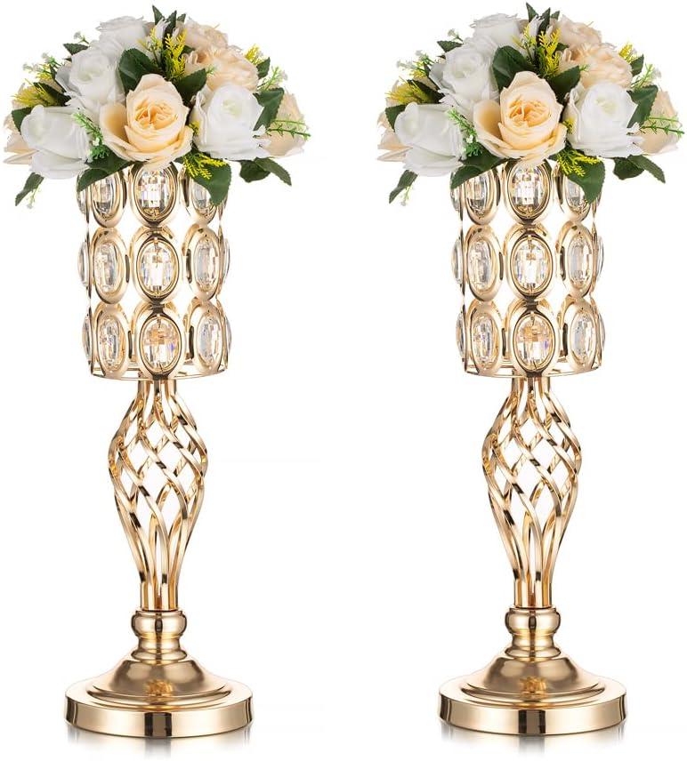 Gold Vases for Centerpieces - Metal Flower Stand with Bling Stones, Tall Vases Bulk Centerpieces for Wedding Table, Birthday, Event, Living Room, Set of 2