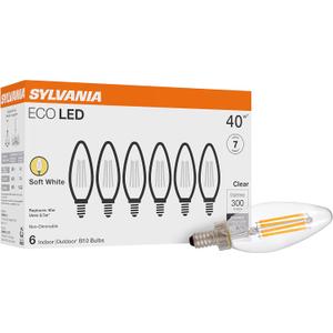 Sylvania ECO LED B10 Light Bulb, 40W=2.5W, 7 Year, 300 Lumens, Non-Dimmable, Clear, 2700K, Soft White - 6 Pack (40878)