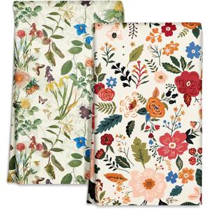 Microfiber Kitchen Towels - Set of 2 Dish Towels for Kitchen 18 x 26 Inch Home Decoration Red Flower Grass Cute Spring Hand Towels Soft & Absorbent Aesthetic Design