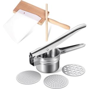 4 Pieces Gnocchi Board Set, Includes Plastic Trapezoidal Baking Scraper, Gnocchi Pasta Board Stripper Paddle, Dowel Wood Rolling Pin, Stainless Steel Potato Ricer Masher with 3 Interchangeable Discs