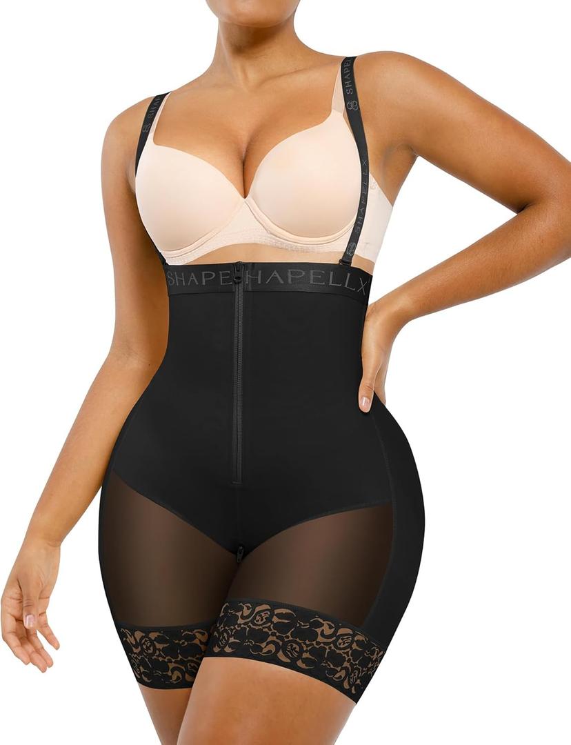SHAPELLX Fajas Colombianas Shapewear for Women Tummy Control Plus Size Postpartum Body Shaper Butt Lifting Bodysuit (Large, B7-black)