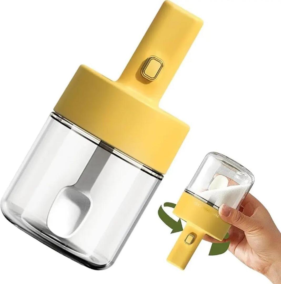 Glass Seasoning Jar with Retractable Spoon and Lid for Spice, Sugar, Salt and Pepper, Kitchen Counter Food Storage, Condiment Pot 9.3oz/275 ml (White) (Yellow)