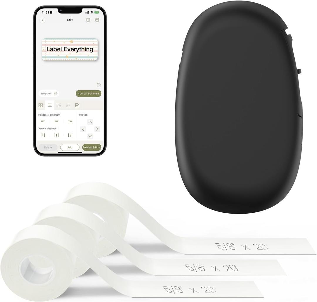 SUPVAN E10 Bluetooth Label Maker Machine with 3 Tapes, Continuous Waterproof Label, Versatile App with 35 Fonts and 1k+ Icons, Inkless Labeler for Home, Kitchen, School, Office Organization, Black