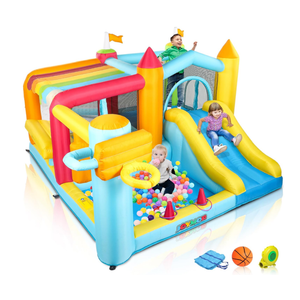 JOYMOR 9-in-1 Bounce House for Ages 8-12 with Height-Adjustable Basketball Hoop, 30s Quick Inflatable Bouncer for Ages 3-6 with Blower, Portable Bag for Indoor & Outdoor Party (Kiosk Theme) 