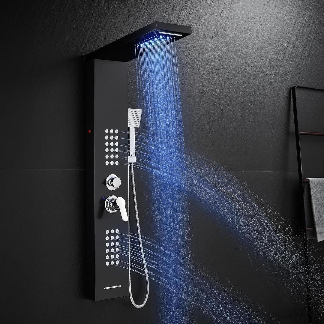 ROVATE LED Shower Panel Tower System Stainless Steel, Rainfall Waterfall Shower Panel with Jets and Handheld, 5 in 1 High Pressure Shower Tower System with Tub Spout, Black