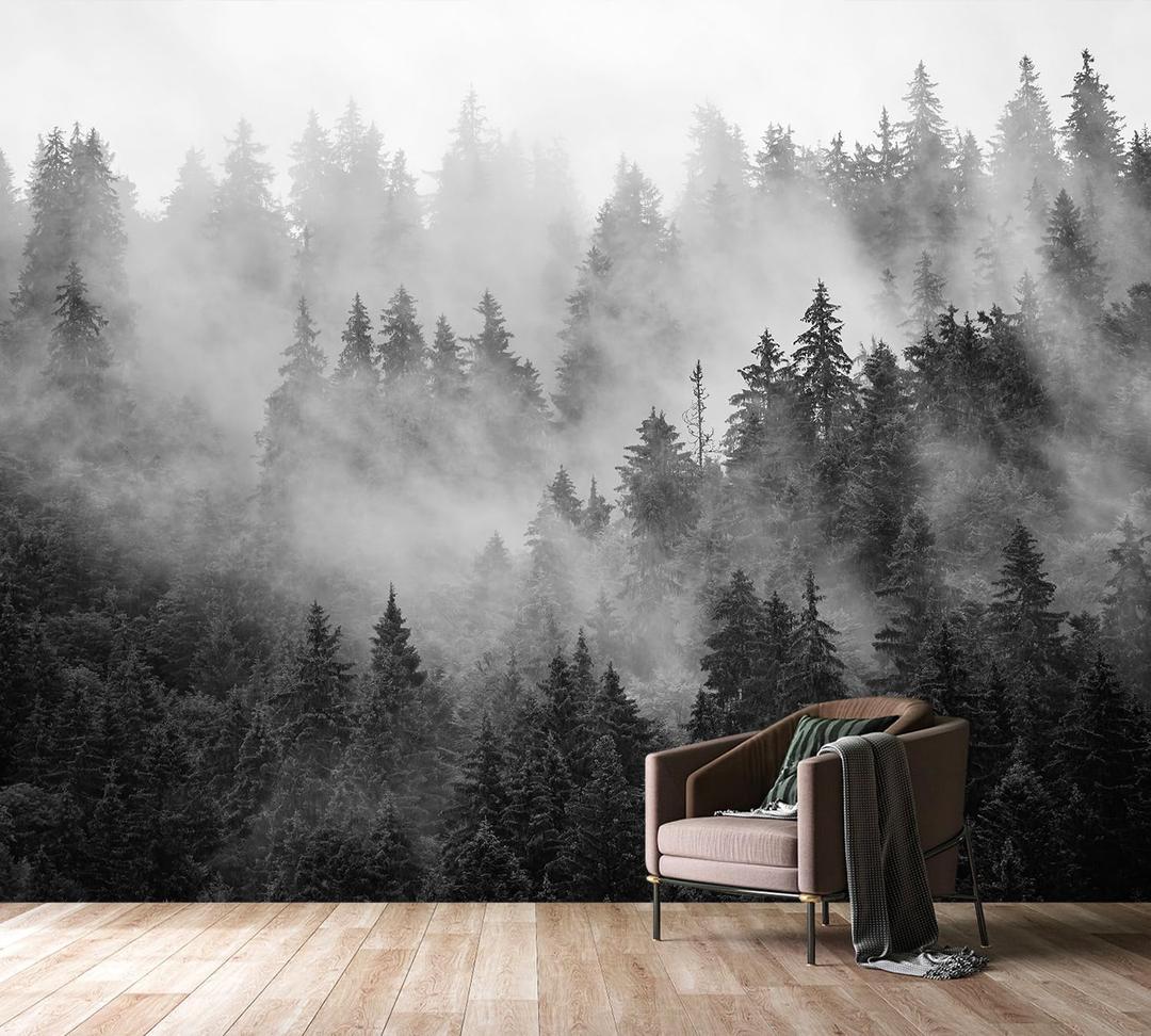 PYFFYP- Black Misty Forest Wallpaper Woodland Mural for Bedroom(Not Peel and Stick)