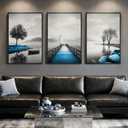 Framed Blue Black and White Lake Wall Art for Living Room, 3 Piece Large Landscape Prints Artwork for Walls, Modern Scenery Canvas Pictures Paintings for Dining Room Home Office Wall Decor, 24x36 Inch, 24"W x 36"L x 3 pcs