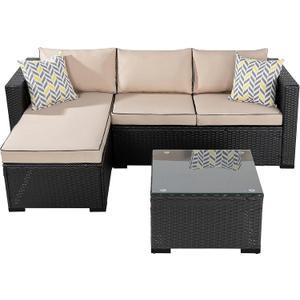 Shintenchi 3 Pcs Patio Furniture Set,Outdoor Sectional Black Wicker Patio Conversation Set,All-Weather Rattan Patio Couch with Washable Cushions and Glass Coffee Table(Khaki)