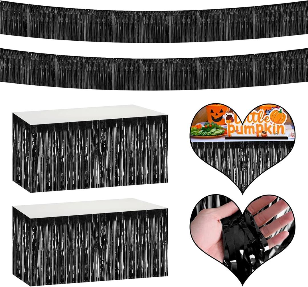 4P Metallic Foil Fringe Banner Tinsel Table Skirts for Rectangle Tables Backdrop Tinsel Banner Garland Curtains for Parade Floats Wedding Graduation Anniversary Birthday Parties Decoration (Black)