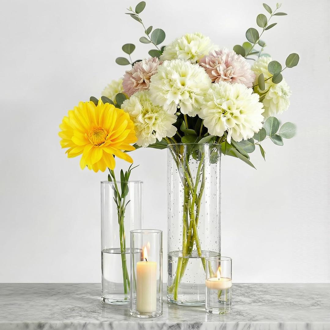 4-Pack Clear Glass Cylinder Vases, 4 Sizes (4/6/8/10 Inch) - Hurricane Floating Candle Holders & Flower Vases for Wedding, Table Centerpiece, Home Dcor