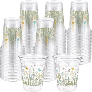 Hushee 60 Pcs Floral Cups with Spring Summer Fall Flower 16 oz Wildflowers Plastic Disposable Drinking Cups for Summer Spring Autumn Birthday Baby Shower Party Supplies(Wildflower)