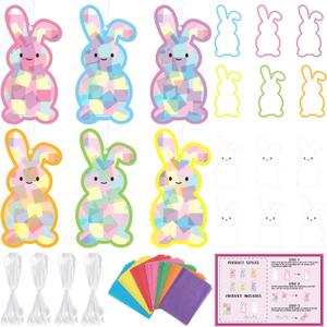 Funrous 48 Set Easter Crafts Bulk-DIY Bunny Suncatchers Craft Kit, Tissue Paper Rabbit Shaped Cards Stickers Easter Ornaments Hanging Decoration for Spring Home Classroom Activities Party Decor Supply