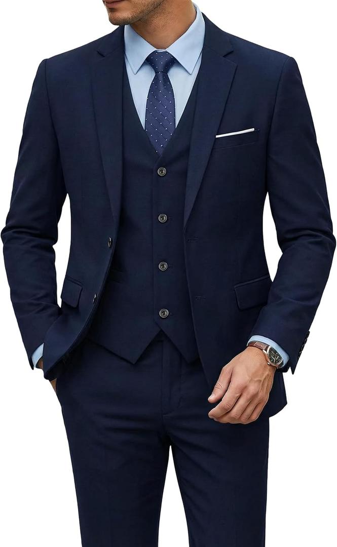 YND Men's 3 Piece Suit Set with Tie, 2 Button Slim Fit Solid Blazer Jacket Vest Pants, Business Wedding Party Suits for Men (Blue, M)