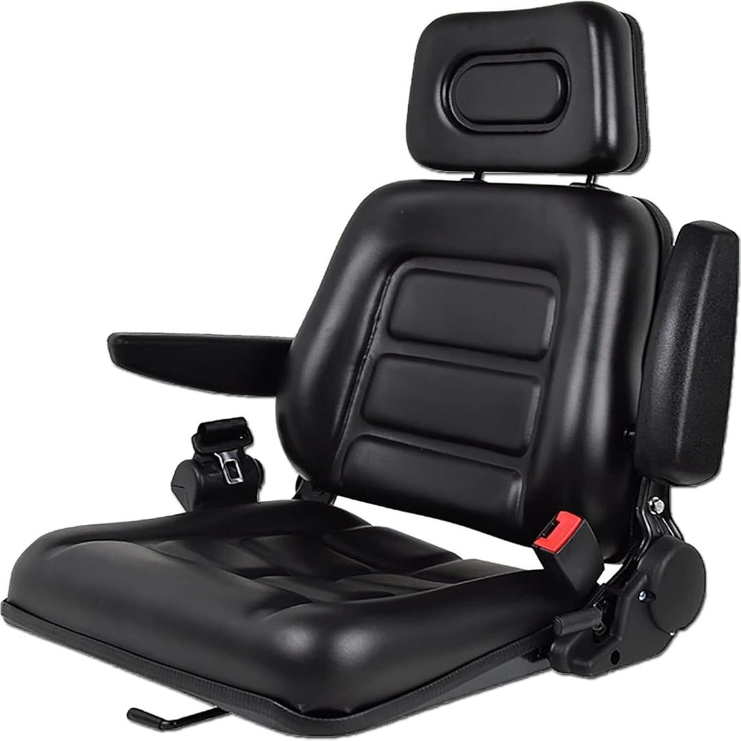 Universal Lawn Mower Seat, Tractor Seat Fold Down with Armrest Headrest Seatbelt, Adjustable Backrest and Slide Rail Waterproof Loader Forklift Seat, for Garden Tractor Bucket Excavator Backhoe Dozer