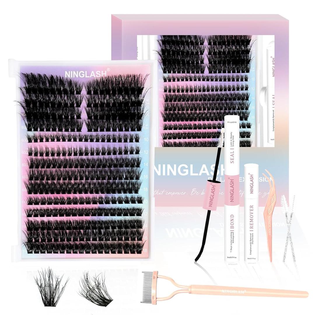 3 x NINGLASH Diva Lash Clusters Kit Fluffy DIY Eyelash Extension, Individual Lashes Cluster Lashes 272pcs Thick Faux Cat Eye Mink DIY Lash Extension Kit, Lash Bond and Seal Remover Tweezer Comb Brush
