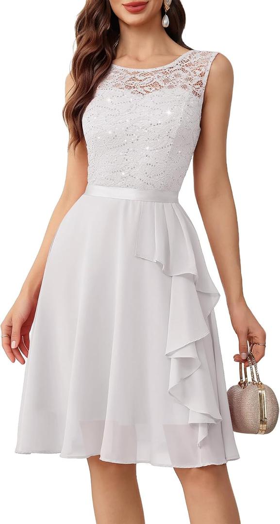 BeryLove Formal Cocktail Dresses Bridesmaid Wedding Guest Short Prom Dress Ruffle Hem Sleeveless Homecoming Lace Gowns (White, XS)