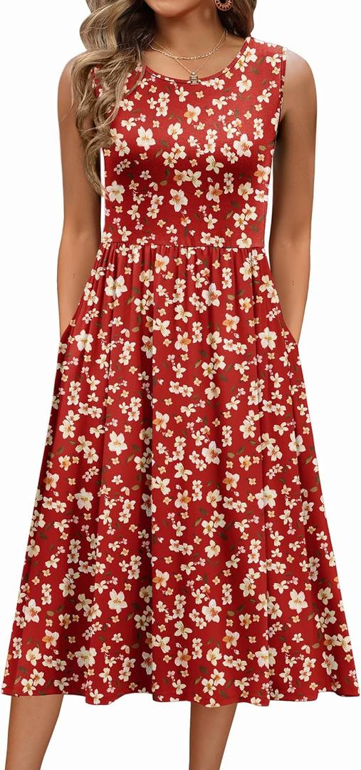 Zeagoo Women's Summer Tank Midi Dress with Pockets Floral Sleeveless A-Line Casual Loose T-Shirt Dresses Beach Sundress 2025 (Medium, 01-red Floral)