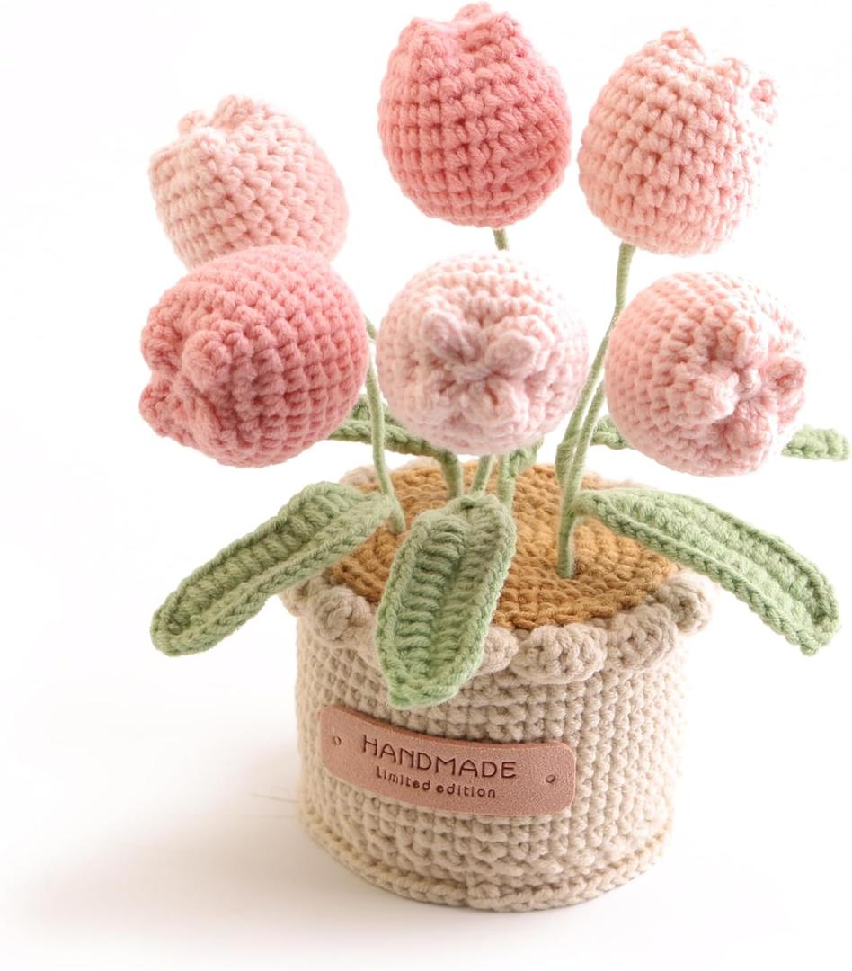Hand Crocheted Tulip Potted Plants, Home Central Decorative Tables, Shelves, and Creative DIY for Christmas, Thanksgiving, Birthdays and Housewarming (Pink)