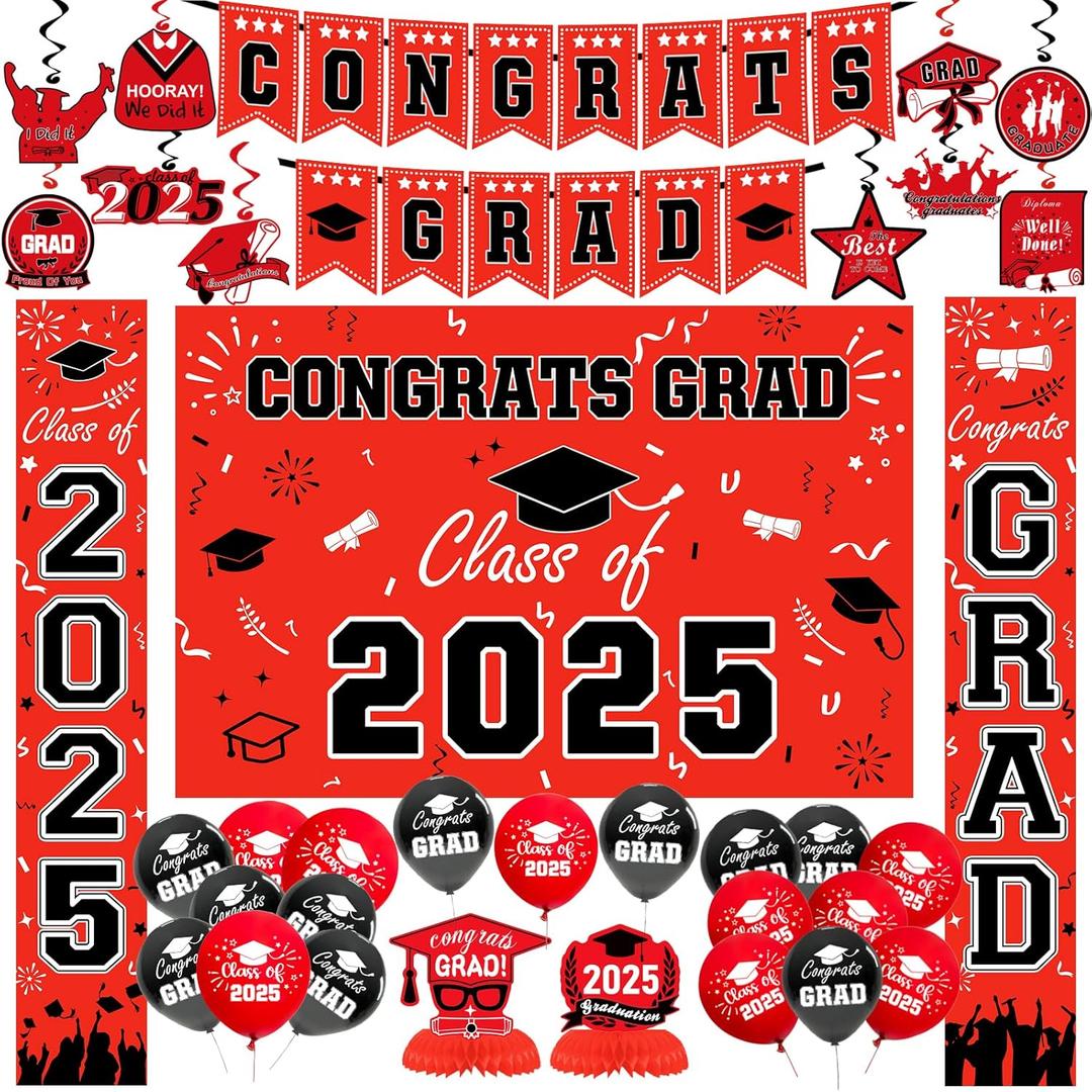 Graduation Decorations 2025, Graduation Decorations Set Class of 2025 Backdrop, Flag Banner, Porch Banner, Congrats GRAD Hanging Swirl, Balloons for Grad Party Decor (Red & Black)
