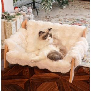 CHEERHOME PETS Elevated Cat Couch Bed for Indoor Cats, Wooden Cat Sofa with Removable Washable Fluffy Cover Raised Kitty Lounge Chair Suitable for Puppy(Cat Sofa Off-White)
