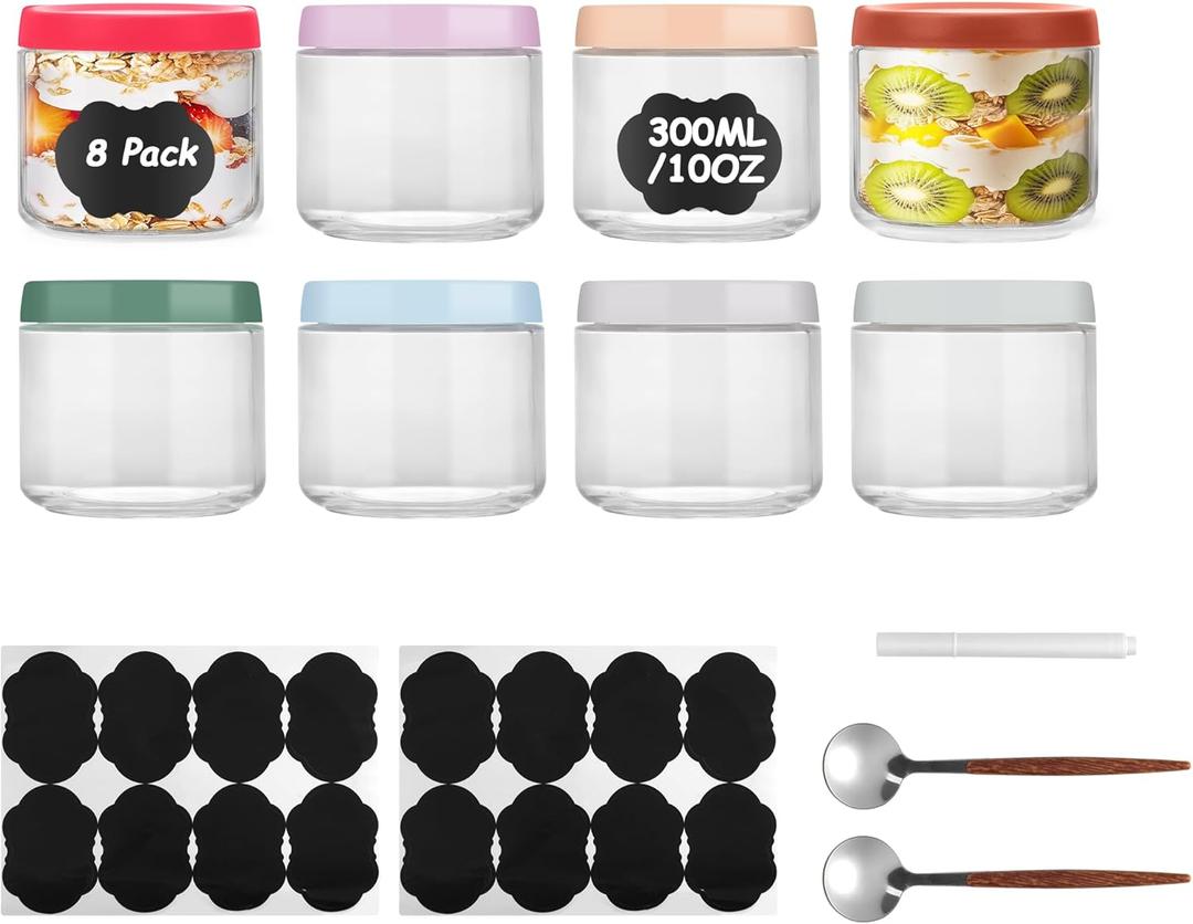 Lulonpon 8 Pack 10 oz Mason Jars with Lids - Airtight Glass Storage Containers for Overnight Oats, Snacks & Meal Prep | Includes 16 Labels, 2 Spoons + Marker (Multicolor) Lulonpon 8 Pack 10 oz Mason Jars with Lids - Airtight Glass Storage Containers for Overnight Oats, Snacks & Meal Prep | Includes 16 Labels, 2 Spoons + Marker (Multicolor)