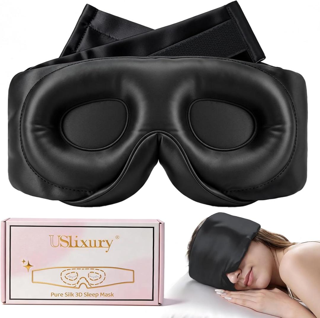 USlixury Silk Sleep Mask, 3D Contoured Sleeping Masks, Blackout Sleep Masks for Women with Nose Wing,100% Mulberry Silk, Face-Hugging Non-Slip SLEP Mask for Side Sleeper, 27.5x4.5'', Black