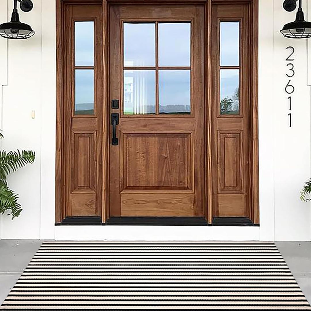 Black and White Striped Rugs, 4'x6' Area Rug Washable Indoor Outdoor Rug Cotton Hand-Woven Farmhouse Layered Double Door Mats for Front Porch, Patio, Entryway, Laundry Room, Bedroom