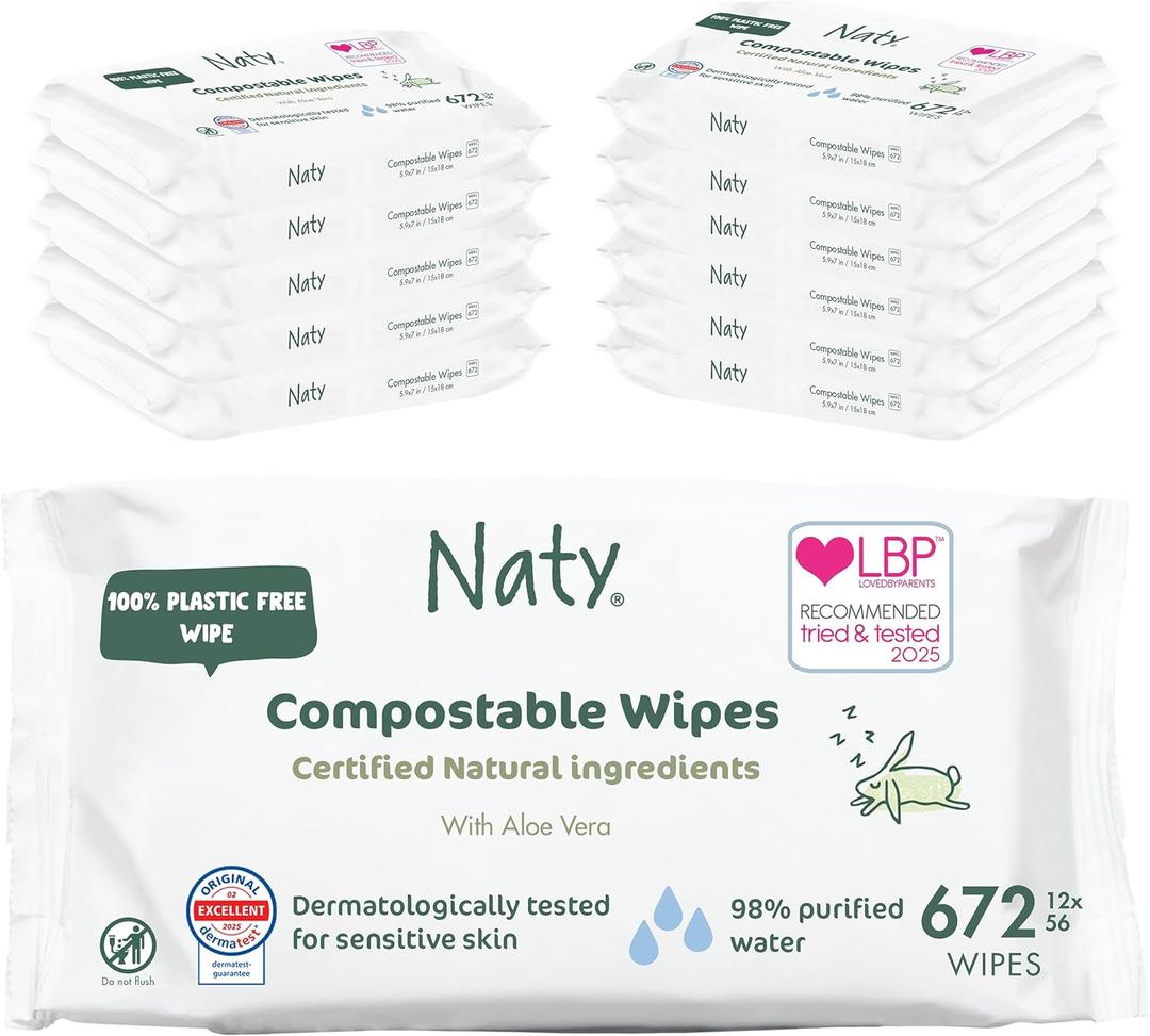 Naty Baby Wipes Aloe | 98% Water, Hypoallergenic & Natural for Sensitive Skin | Unscented, Plant-Based, Fragrance-Free | Plastic-Free & Compostable | Newborn & Toddler Wipes | 672 Count (12 Packs)