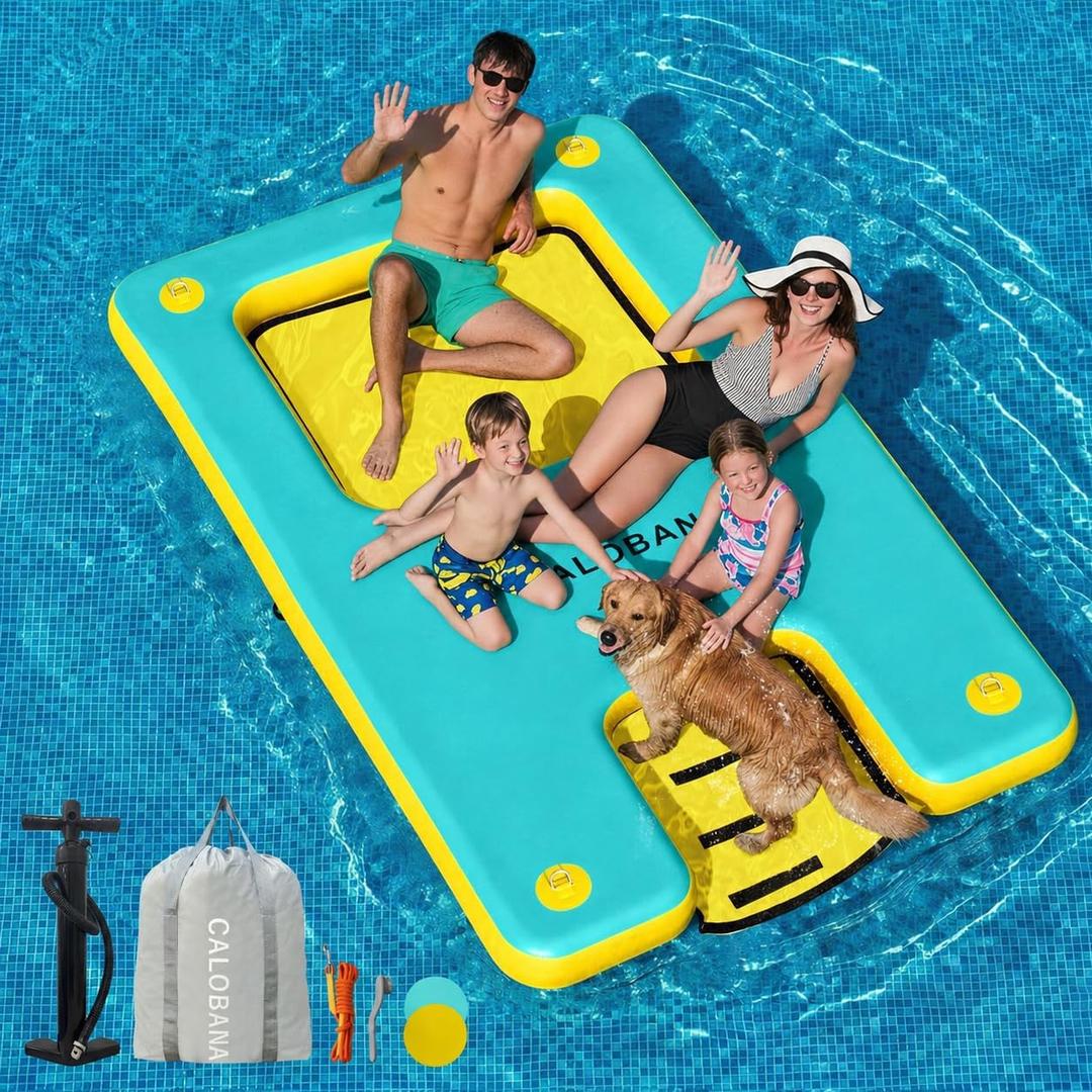 CALOBANA Inflatable Floating Dock with Boat Ramp,Lake Floats with Mesh,Tanning Pool Lounger Water Hammock for Family Party Pool Sea River Dock Boat