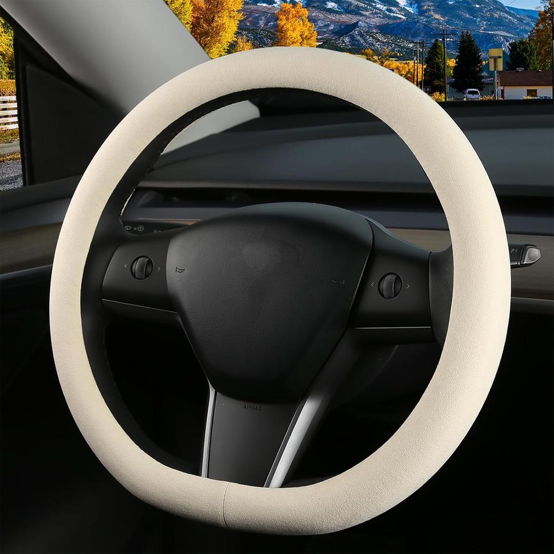 Suede Steering Wheel Cover for Tesla Model 3/Y, Anti Heat, Breathable, Anti-Slip,Leather Steering Wheel Cover 14-14 1/4 in (35.5-36 cm) (White)
