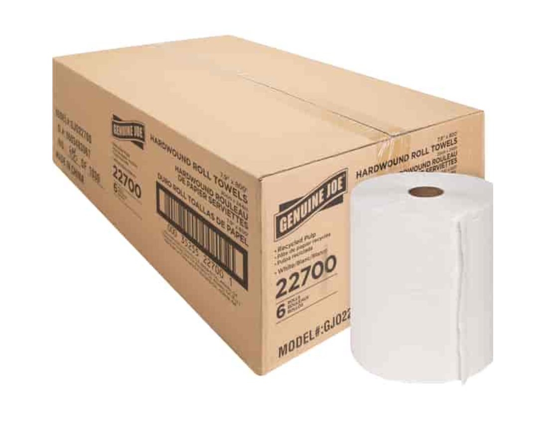 Genuine Joe Hardwound Roll Paper Towels, 7.90" Width x 800 ft Length, 2" Core, White, 6 / Carton