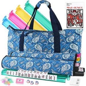 Goldge American Mahjong Tile Set – 166 White Tiles, 4 All-in-One Color Racks with Pushers, 3 Dice, Portable Blue Carrying Bag – Complete Mahjong Game Set – Blue
