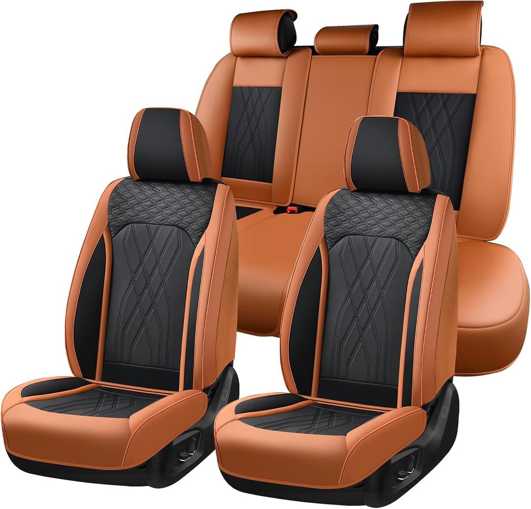 FLORICH Seat Cover Full Set Automotive Seat Cover 5 Seats Leather Waterproof Car Seat Cover Easy installation Non-slip Comfort Cushion Universal Fit for Most Car Truck SUV Seat Protection, Brown&Black
