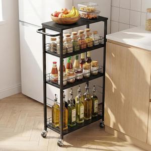 YBING Slim Storage Cart Kitchen Rolling Utility Cart on Wheels 4 Tier Mobile Narrow Cart with Wood and Metal Handle Slide Out Storage Shelving Unit Cart for Kitchen Living Room Small Places Black
